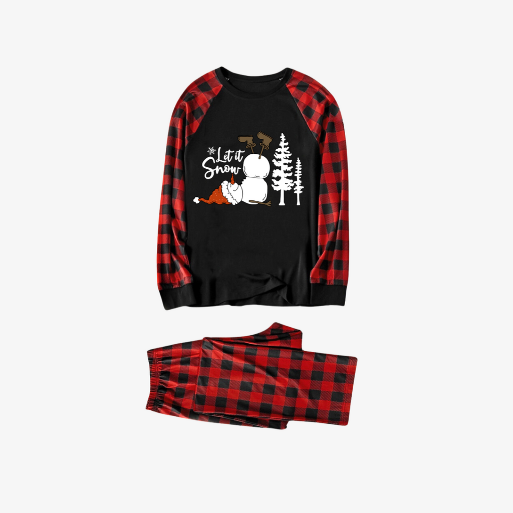 Let It Snow Snowman  Pattern Red&Black Plaid Sleeve Family Matching Pajamas Set