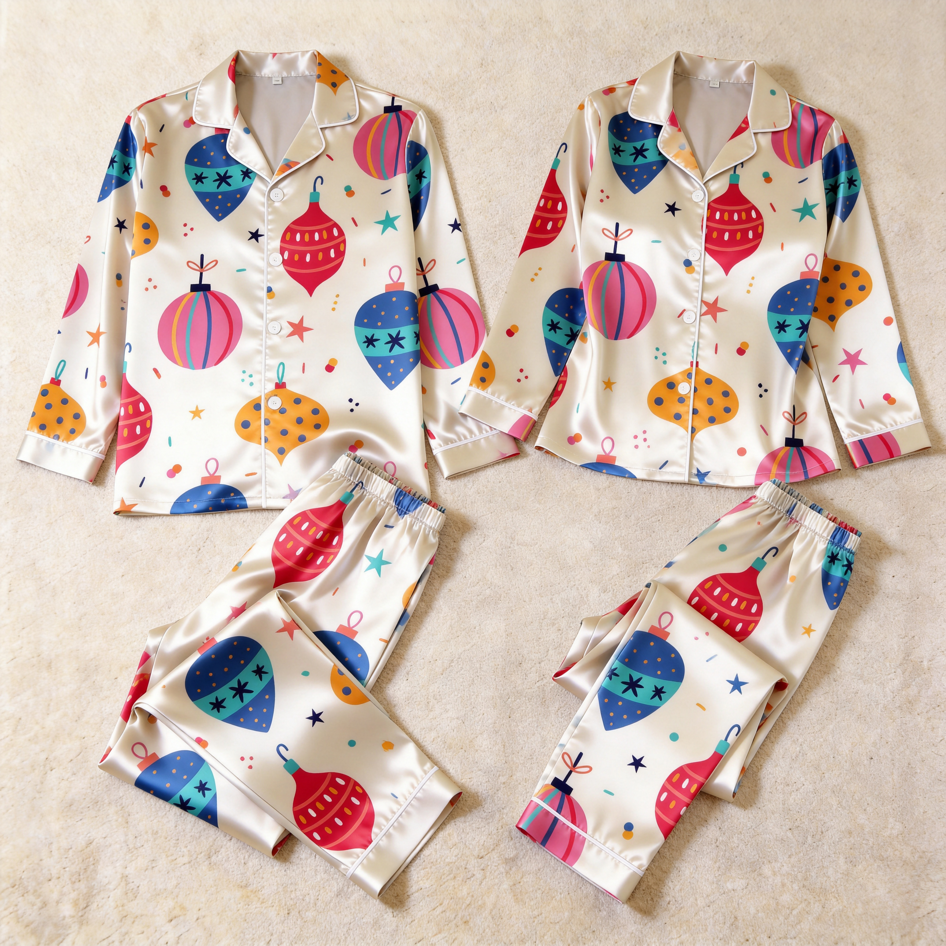 Festive Ornament Satin Matching Pajamas for Couples – Long Sleeve Button-Down Top & Pants Sleepwear Set