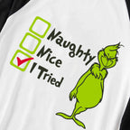 Christmas "Naughty&Nice& I Tried" Letter Print Patterned Casual Long Sleeve Sweatshirts Black Contrast Top and Black and Green Plaid Pants Family Matching Pajamas Sets With Pet Bandana