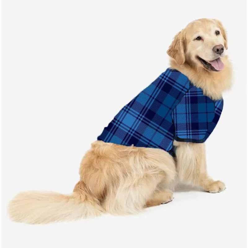 Christmas ' Family Christmas 2024' Letter Print Patterned Casual Long Sleeve Sweatshirts Blue Sleeve Contrast Tops and Blue Plaid Pants Family Matching Pajamas Sets With Dog Bandan