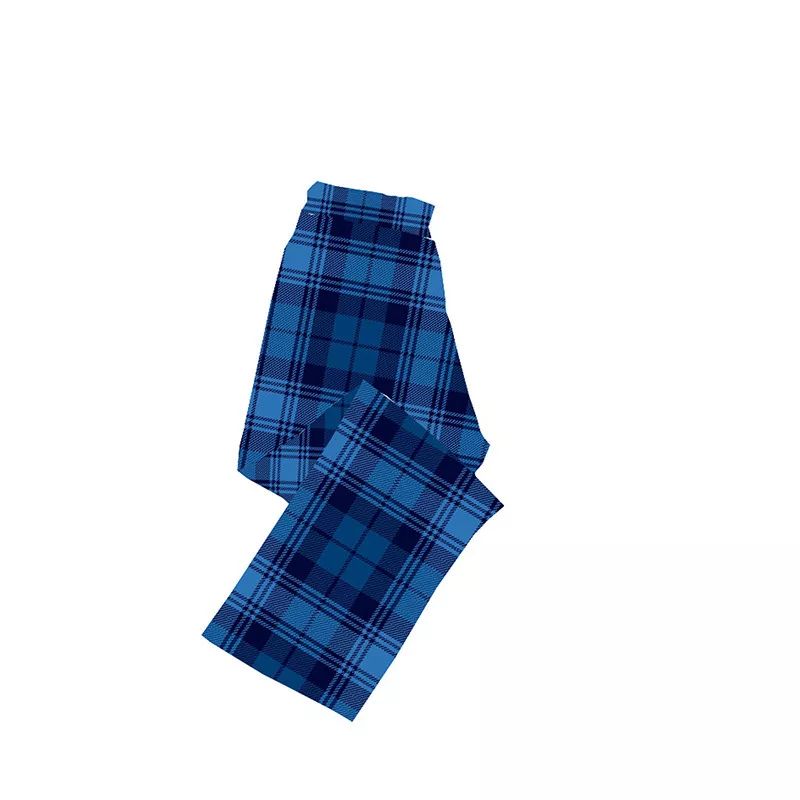 Christmas Cartoon Face Print Blue Contrast Top and Black and Blue Plaid Pants Family Matching Pajamas Sets With Dog Bandana