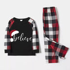 Couple Red & Black & White Plaid Pajamas Set With Christmas Hat and ‘Believe“ Letter Print