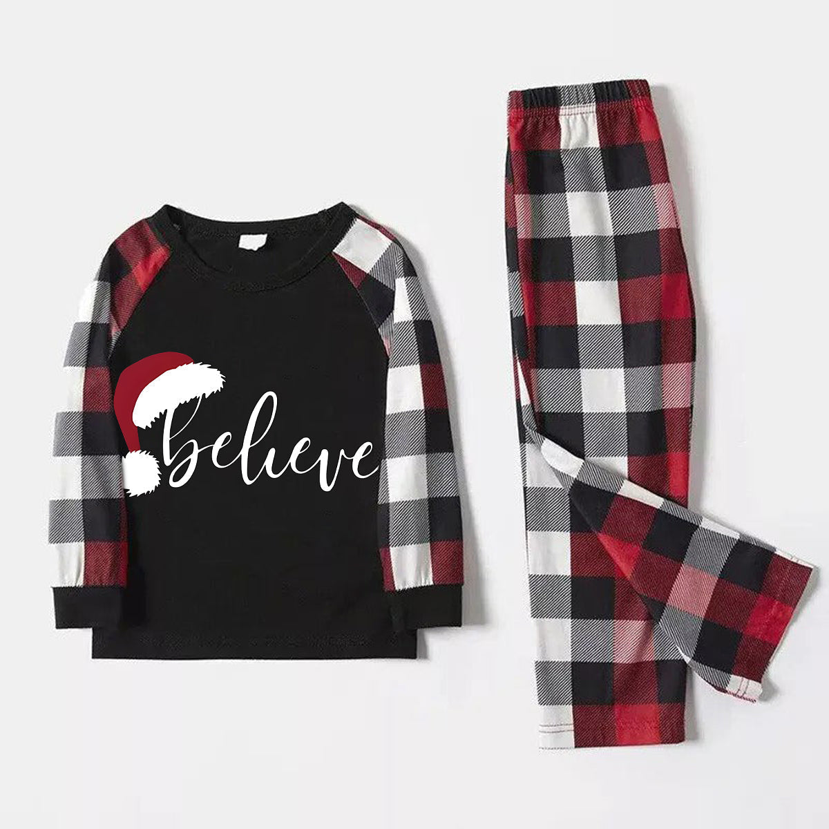 Couple Red & Black & White Plaid Pajamas Set With Christmas Hat and ‘Believe“ Letter Print