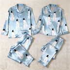 Snowman Print Satin Matching Pajamas for Couples – Long Sleeve Button-Down Top & Pants Sleepwear Set