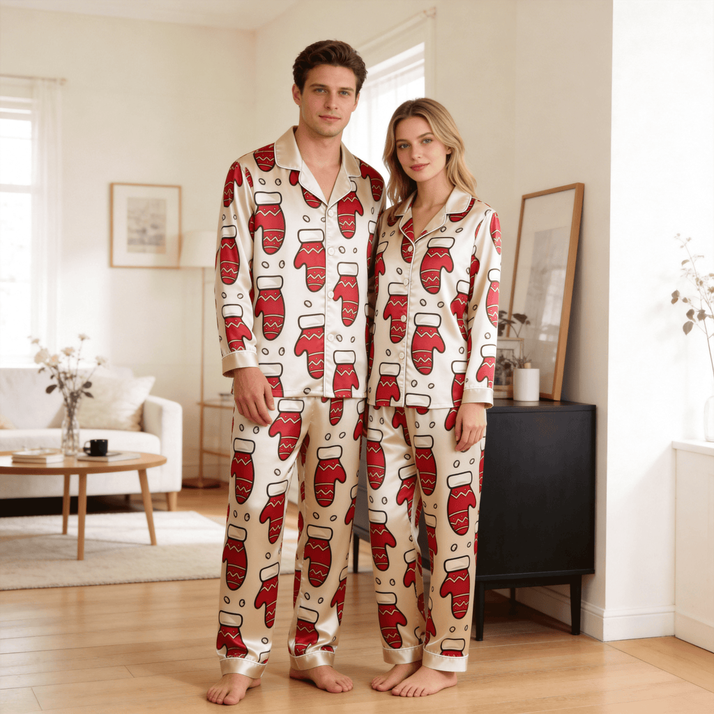 Festive Mitten Print Satin Matching Pajamas for Couples – Long Sleeve Button-Down Top & Pants Sleepwear Set