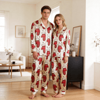 Festive Mitten Print Satin Matching Pajamas for Couples – Long Sleeve Button-Down Top & Pants Sleepwear Set