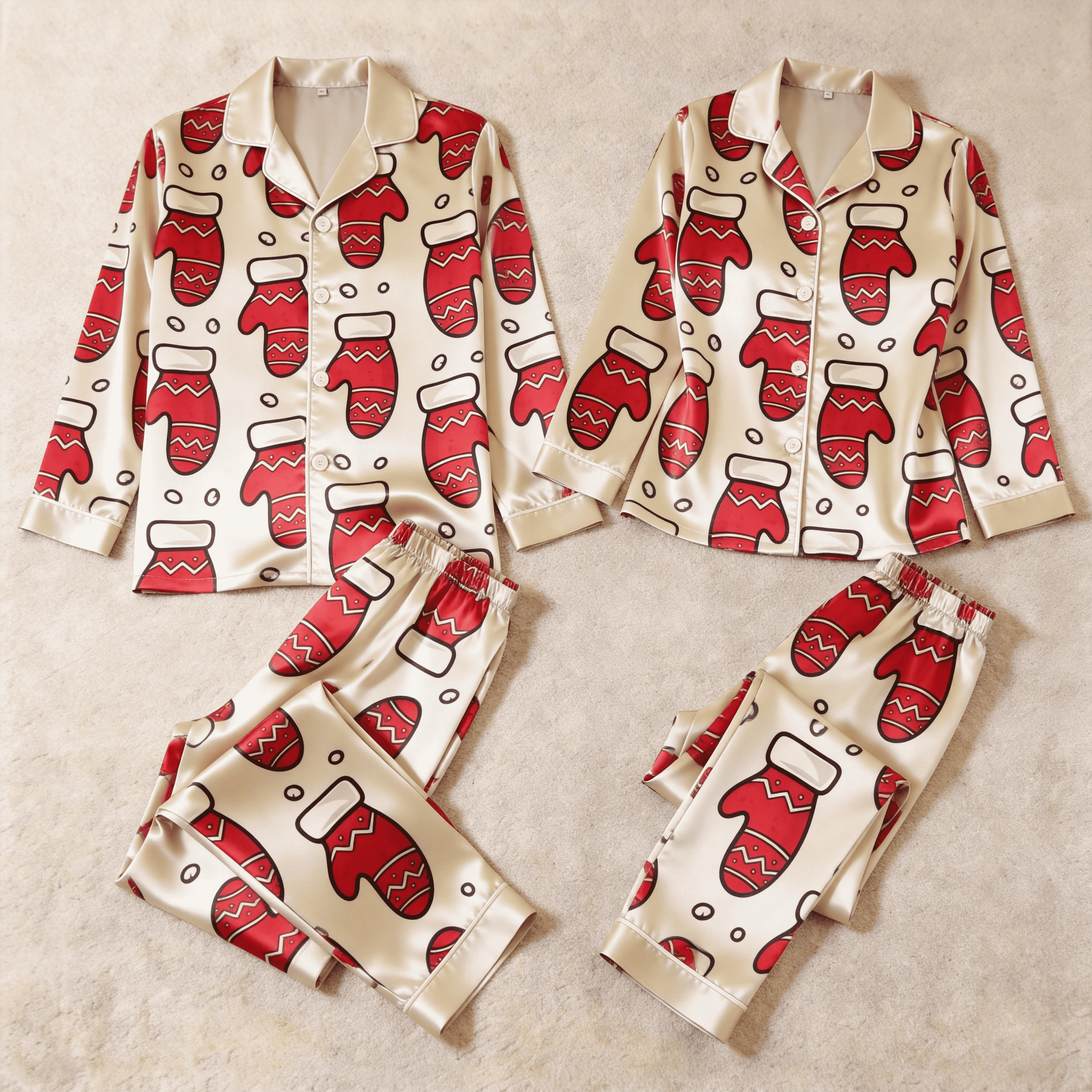 Festive Mitten Print Satin Matching Pajamas for Couples – Long Sleeve Button-Down Top & Pants Sleepwear Set
