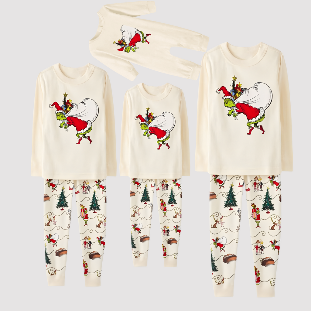 Grinch Family Christmas Pajamas | Cream Matching Holiday Sleepwear Set