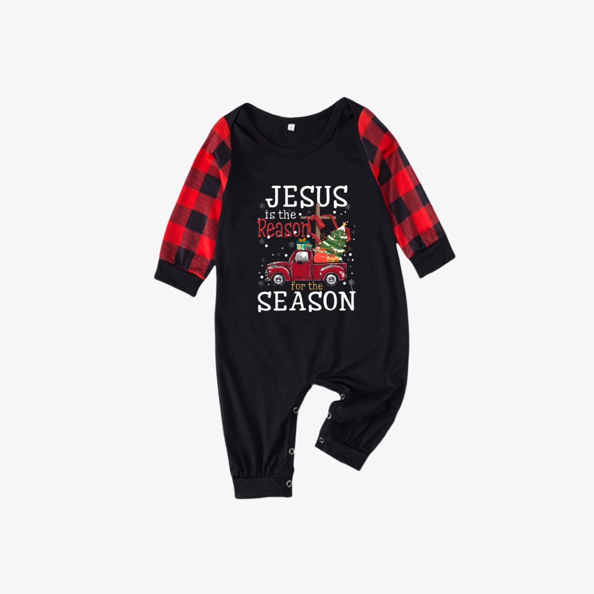 Red and Black Plaid Christmas Pajamas Set With "Jesus is the Reason for the Season" Text Print