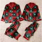 Holiday Snowflake Plaid Satin Matching Pajamas for Couples – Long Sleeve Button-Down Top & Pants Sleepwear Set