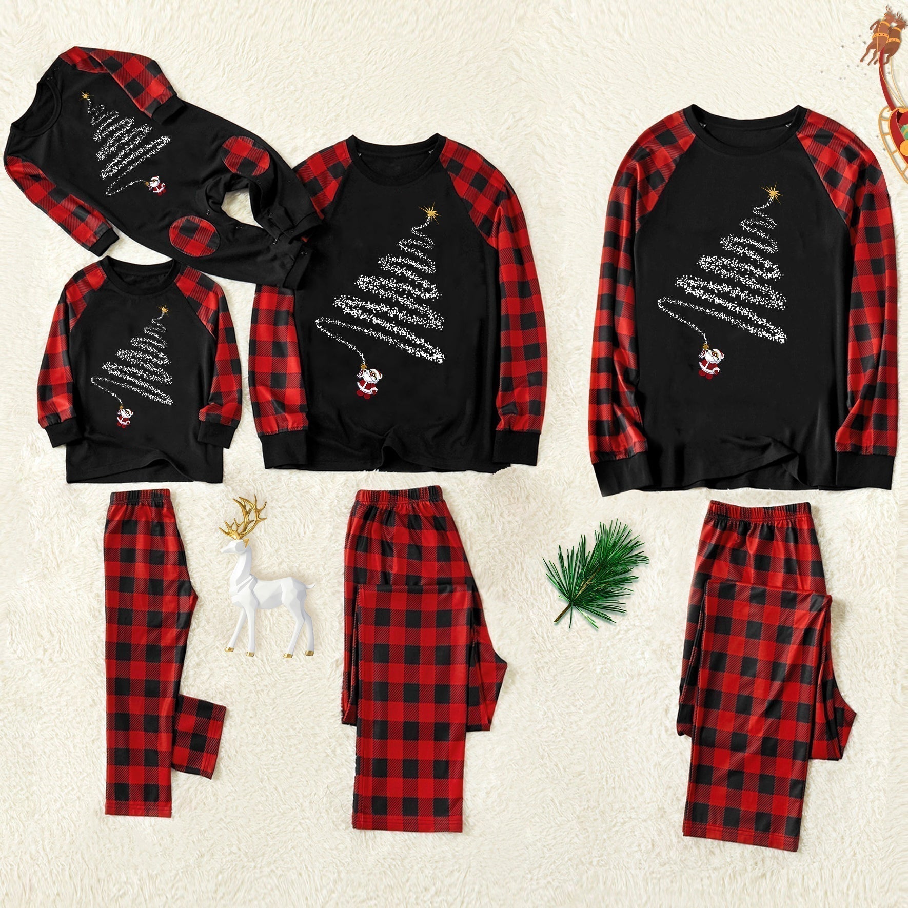Christmas Hat and ‘Believe“ Letter Print Patterned Contrast Black top and Black & Red Plaid Pants Family Matching Pajamas Set