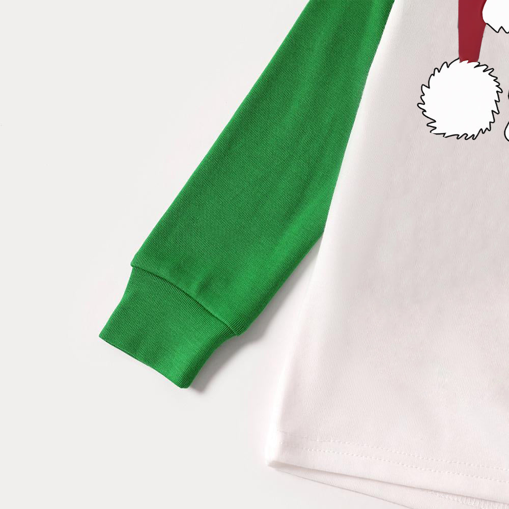 Christmas Hat and ‘Believe“ Letter Print Patterned Green Sleeve Contrast Tops and Black and Green Plaid Pants Family Matching Raglan Long-sleeve Pajamas Sets With Dog Bandana