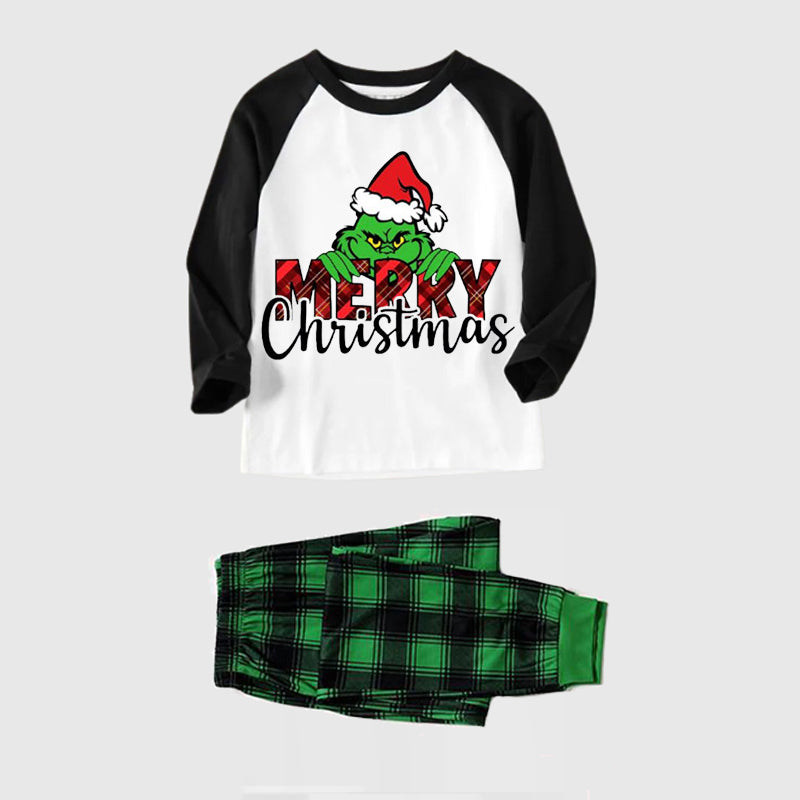 Christmas Cartoon Face 'Merry Christmas'  Print Splice Contrast Top and Plaid Pants Family Matching Pajamas Sets
