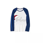 Christmas Hat and ‘Believe“ Letter Print Patterned Blue Sleeve Contrast Tops and Blue Plaid Pants Family Matching Pajamas Sets With Dog Bandan
