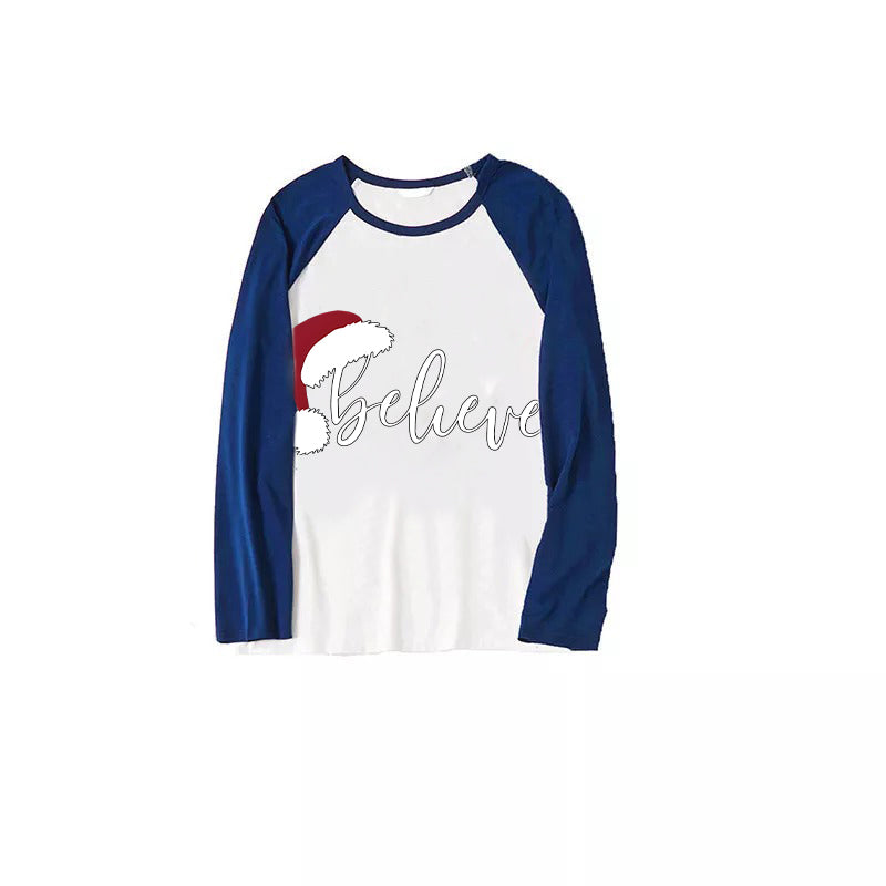 Christmas Hat and ‘Believe“ Letter Print Patterned Blue Sleeve Contrast Tops and Blue Plaid Pants Family Matching Pajamas Sets With Dog Bandan