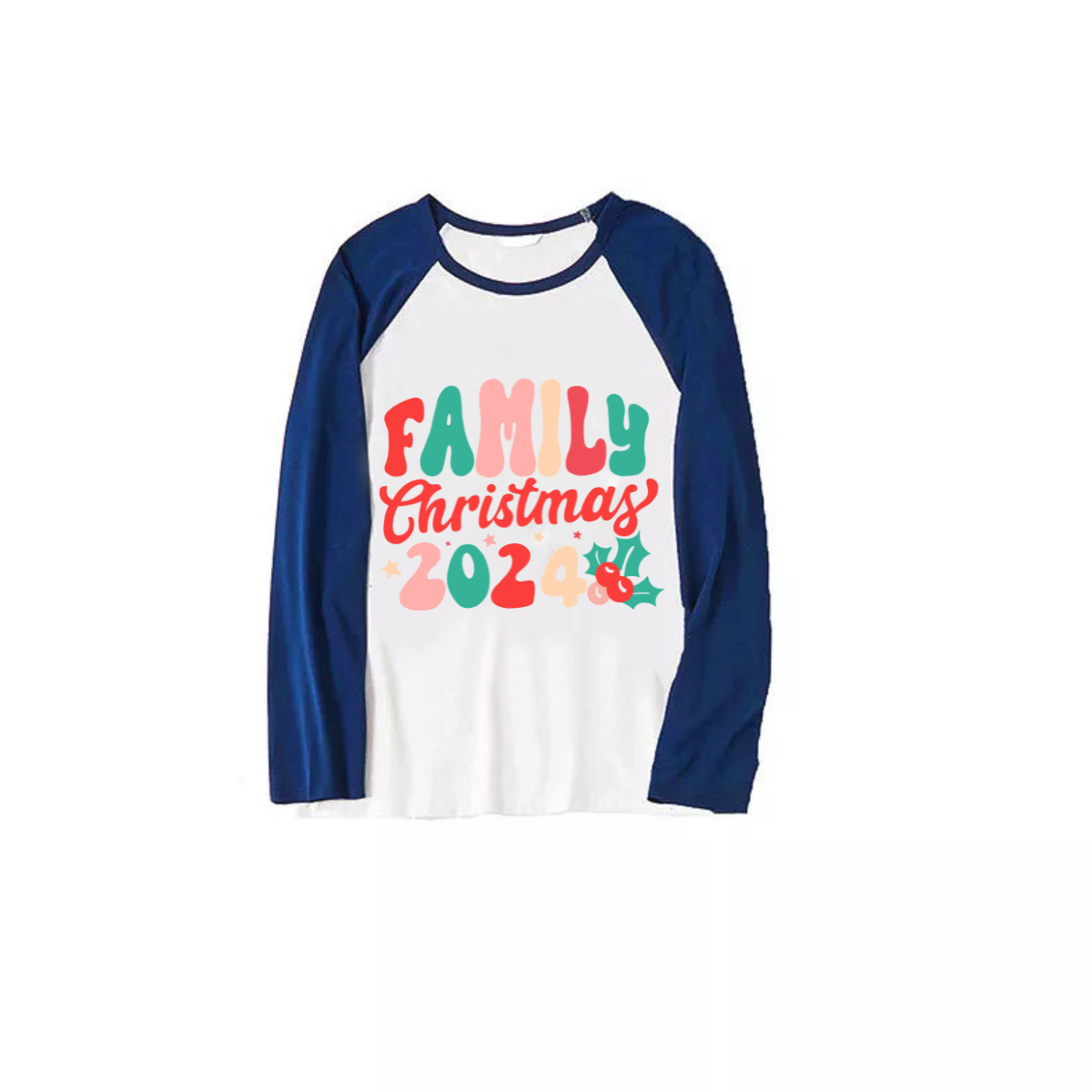 Christmas ' Family Christmas 2024' Letter Print Patterned Casual Long Sleeve Sweatshirts Blue Sleeve Contrast Tops and Blue Plaid Pants Family Matching Pajamas Sets With Dog Bandan