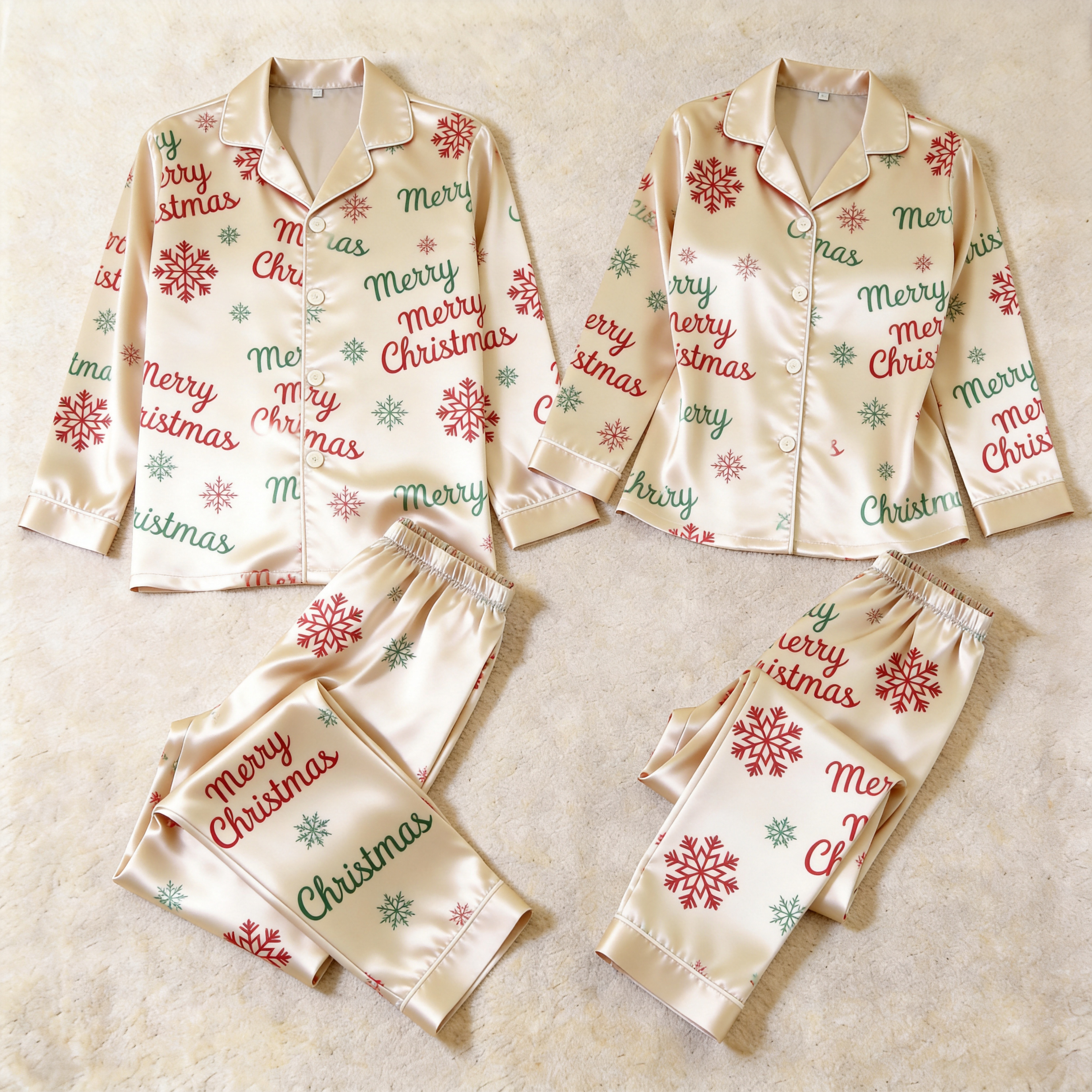 Merry Christmas Snowflake Satin Matching Pajamas for Couples – Long Sleeve Button-Down Top & Pants Sleepwear Set