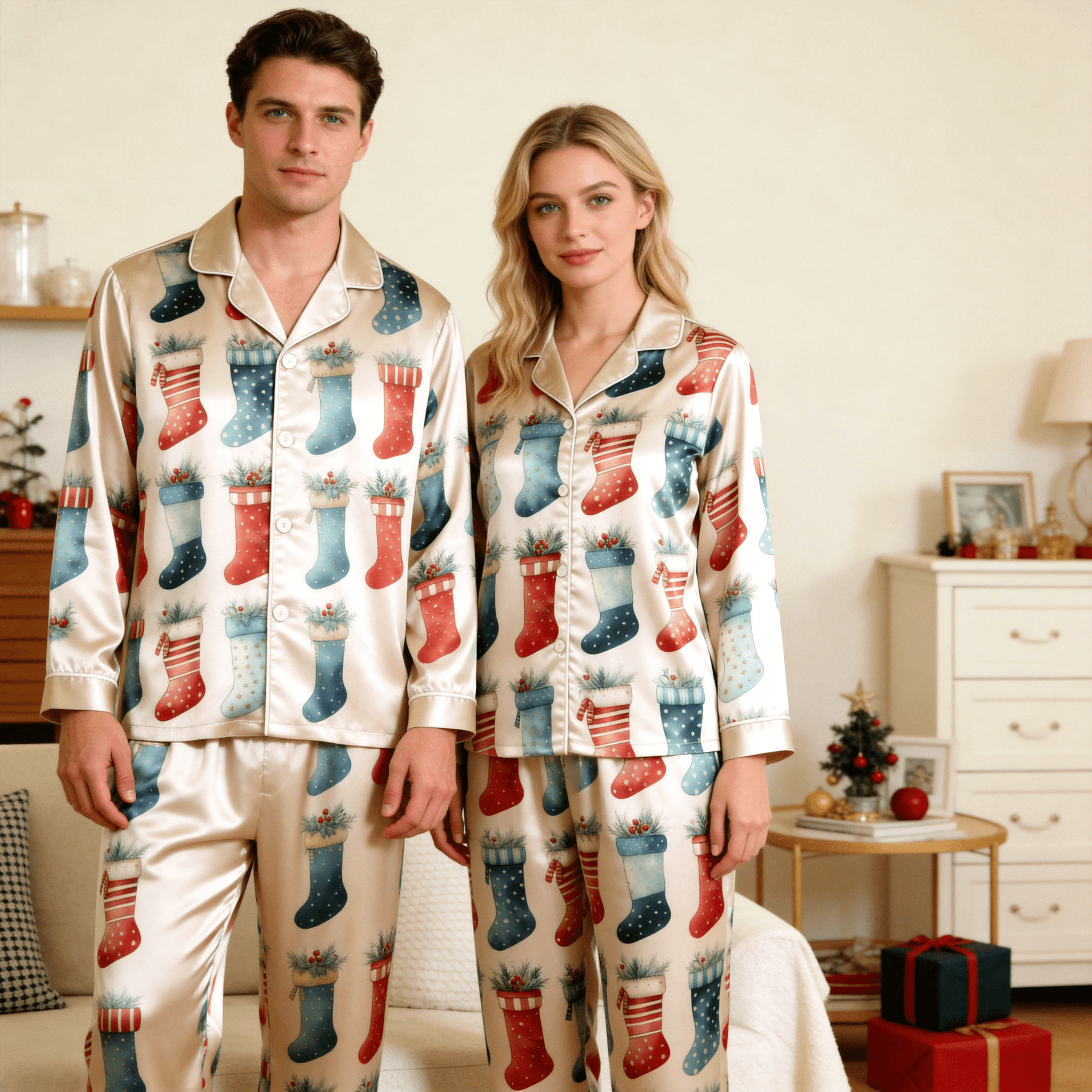 Christmas Stocking Satin Matching Pajamas for Couples – Long Sleeve Button-Down Top & Pants Sleepwear Set