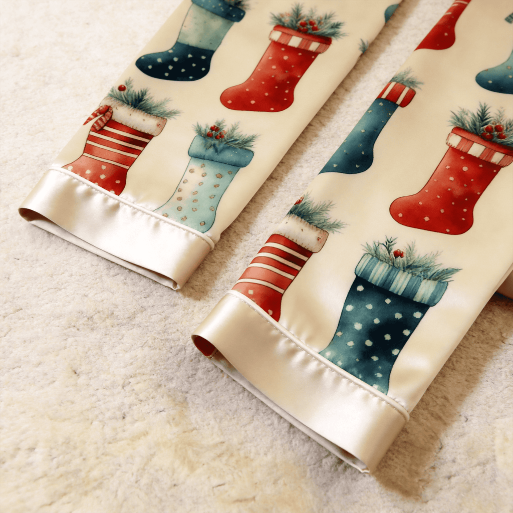 Christmas Stocking Satin Matching Pajamas for Couples – Long Sleeve Button-Down Top & Pants Sleepwear Set