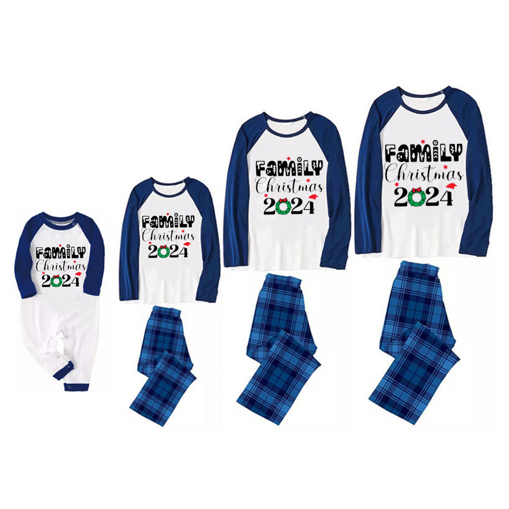 "Family Christmas 2024" Text Print Blue & Black Plaid Christmas Family Matching Pajamas