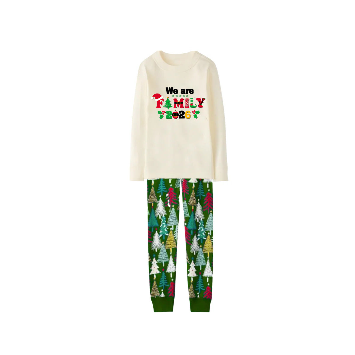 We Are Family 2026 Printed Beige Top And Green Pants Family Matching Christmas Pajamas Sets