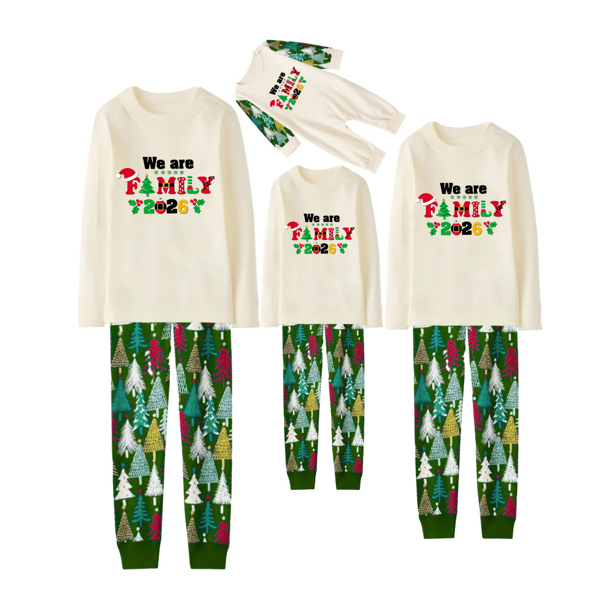 We Are Family 2026 Printed Beige Top And Green Pants Family Matching Christmas Pajamas Sets
