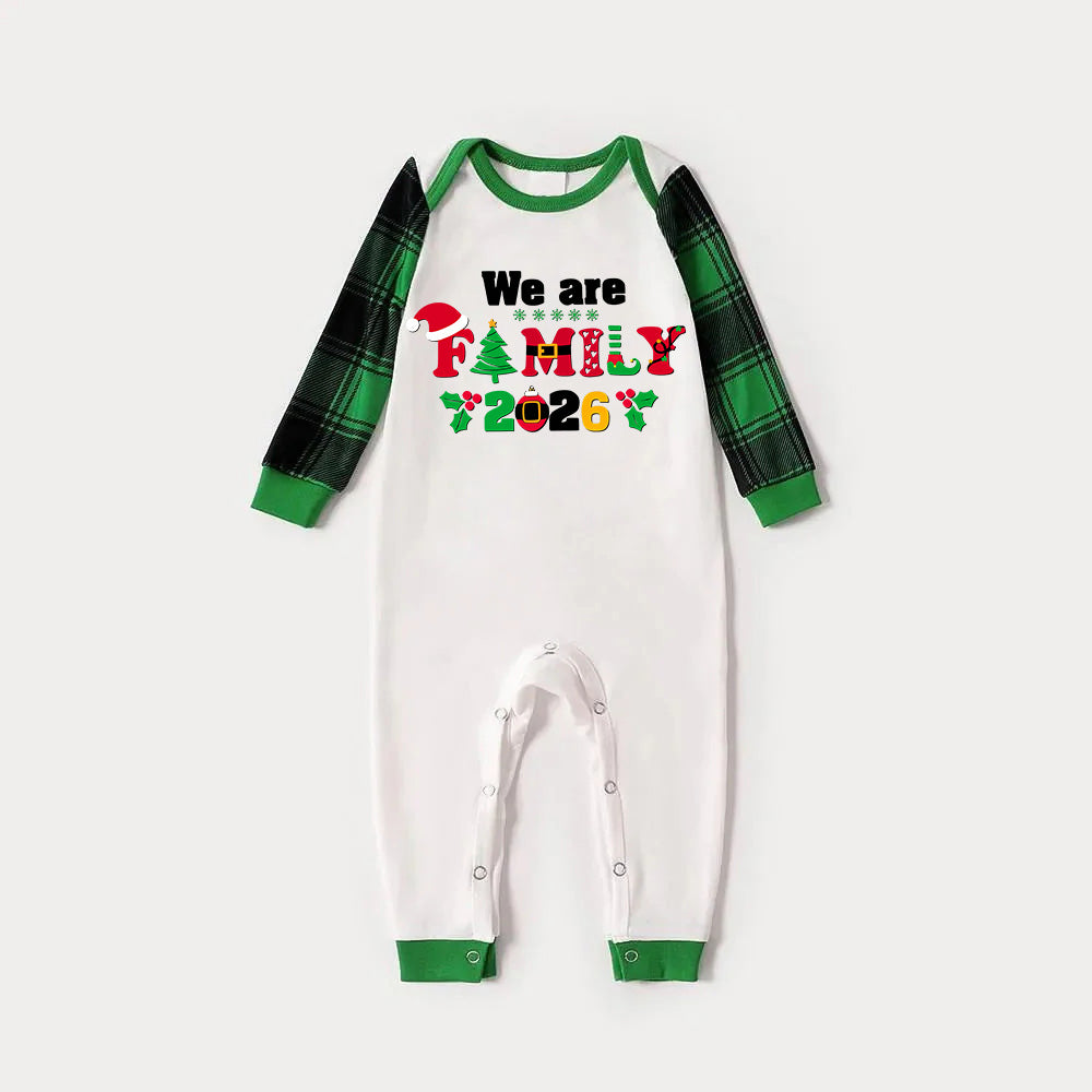 Christmas We are Family 2026 Letter Print Green Rotator Cuff Top With Green & Black Plaid Family Matching Pajamas