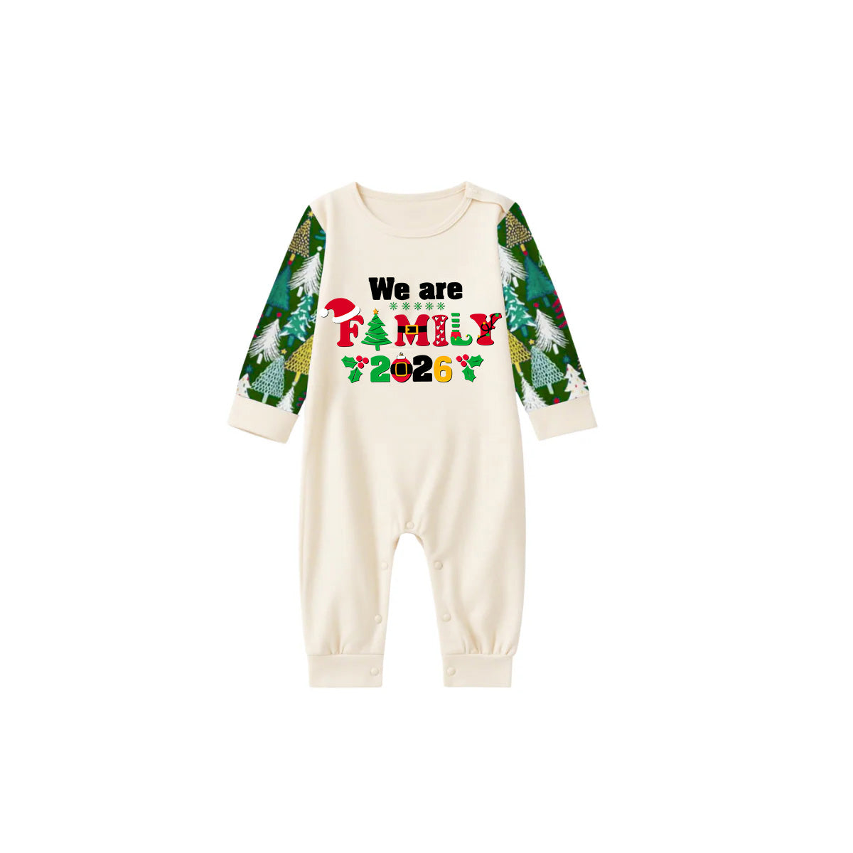 We Are Family 2026 Printed Beige Top And Green Pants Family Matching Christmas Pajamas Sets