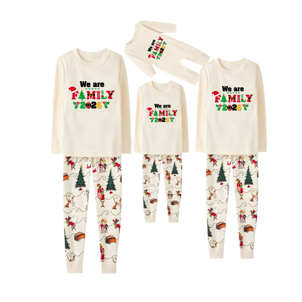 Beige Christmas Pattern Print Christmas Pajamas Set With "We are Family" Text Print