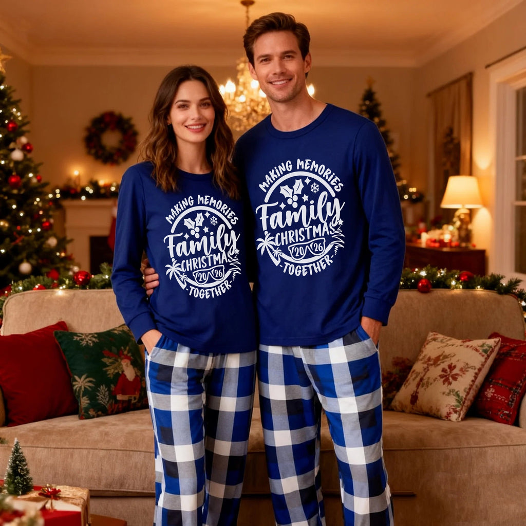 Christmas Couple Blue Plaid Pajamas With Make Memories Together 2026 Print