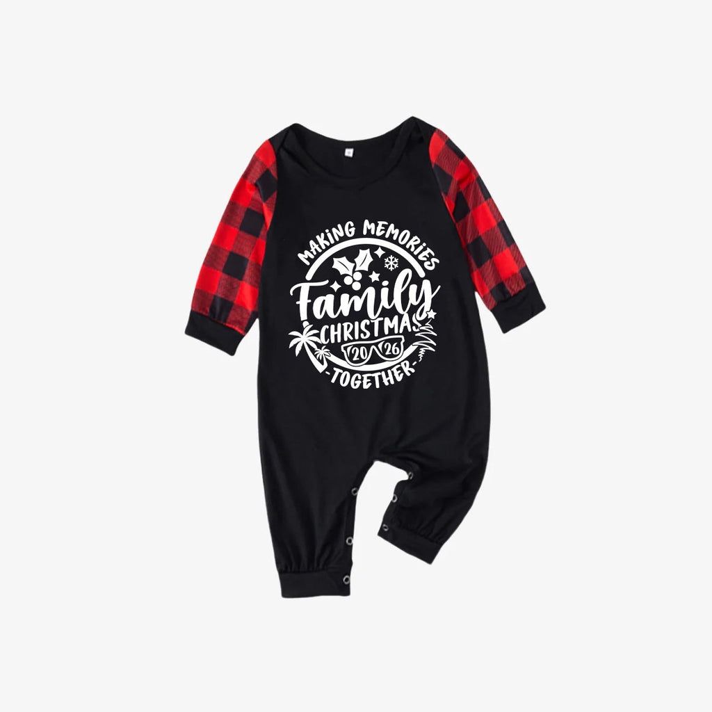 Christmas Make Memories Together 2026 Print Black & Red Plaid Family Matching Black Pajamas With Dog bandana