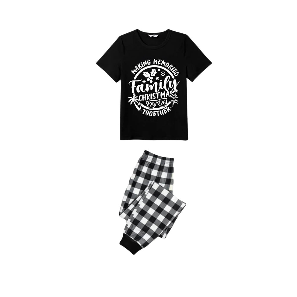 Making Memories Together Family Christmas 2026 Pajamas Set - Black Top Black and White Plaid Pants White Graphic Text