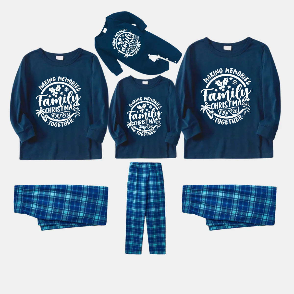 Christmas Make Memories Together 2026 Print Blue Long Sleeve Top With Blue Plaid Family Matching Pajamas