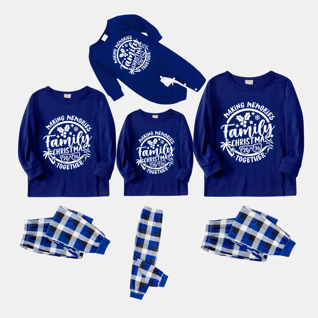 Christmas Make Memories Together 2026 Print Blue and White Plaid Family Matching Pajamas