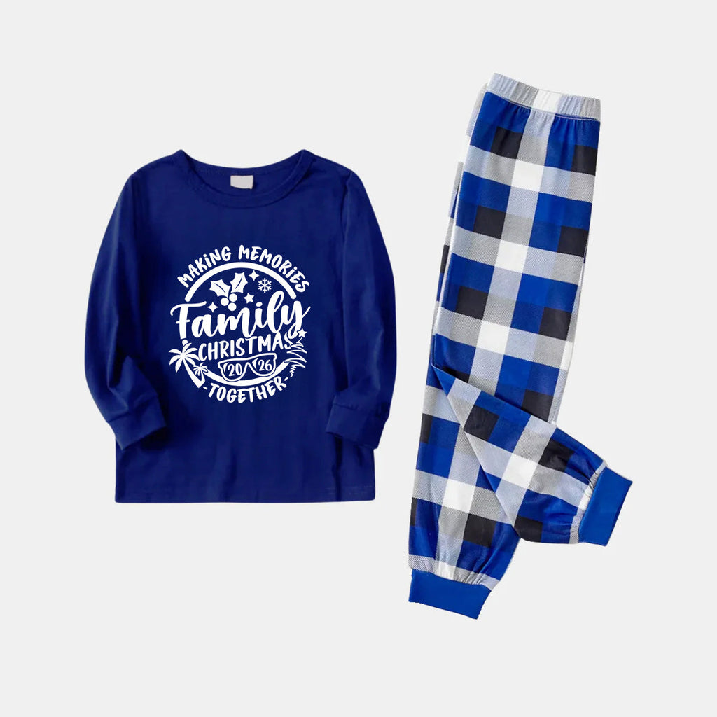 Christmas Make Memories Together 2026 Print Blue and White Plaid Family Matching Pajamas