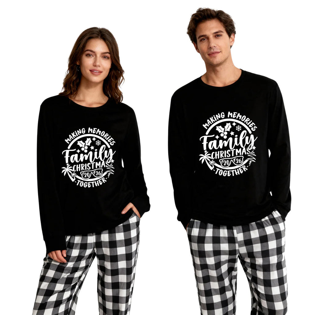 Christmas Make Memories Together 2026 Print Black Long Sleeve Top with Black And White Plaid Pants Family Matching Pajamas
