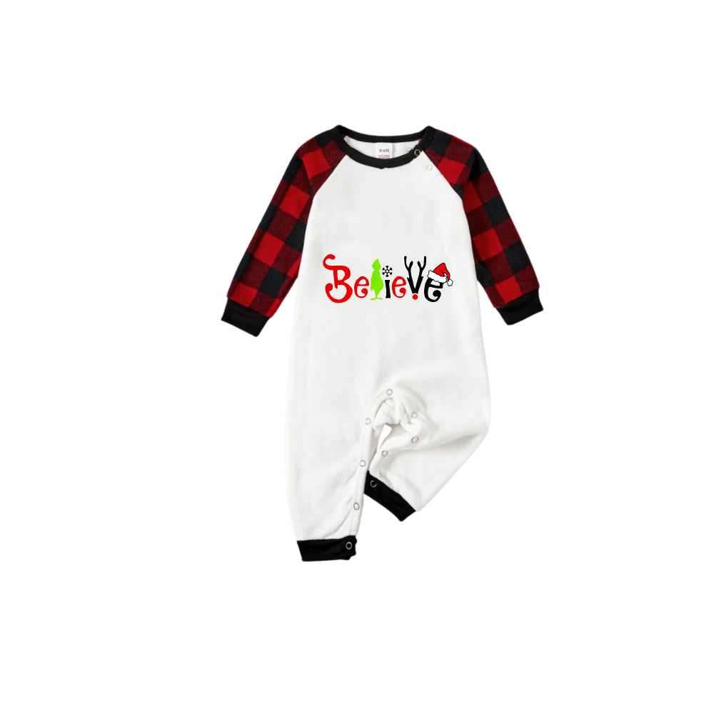 Christmas 2026 "Believe" Letter White Long Sleeve Top and Red & Black Plaid Pants Family Matching Pajamas