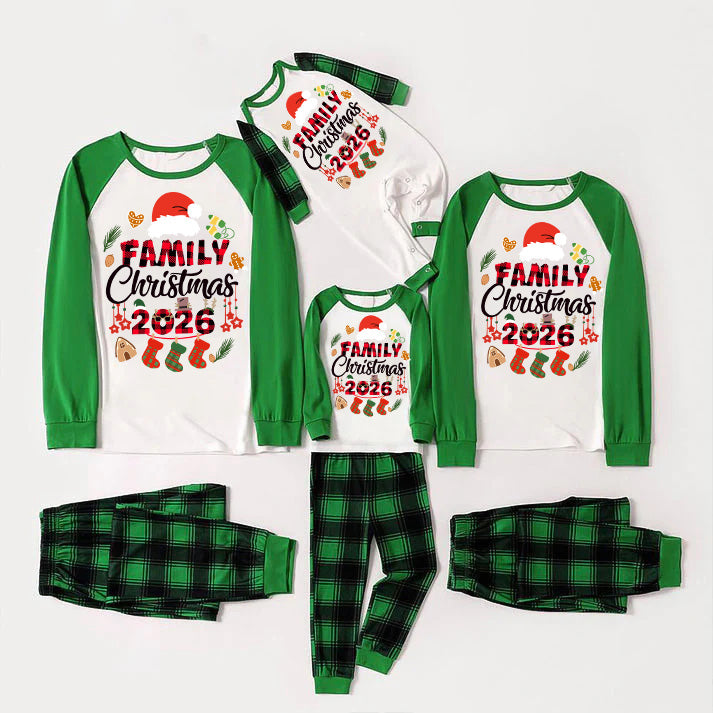 Family Christmas 2026 and Christmas Pattern Print Long Sleeve Top With Green & Black Plaid Matching Pajamas