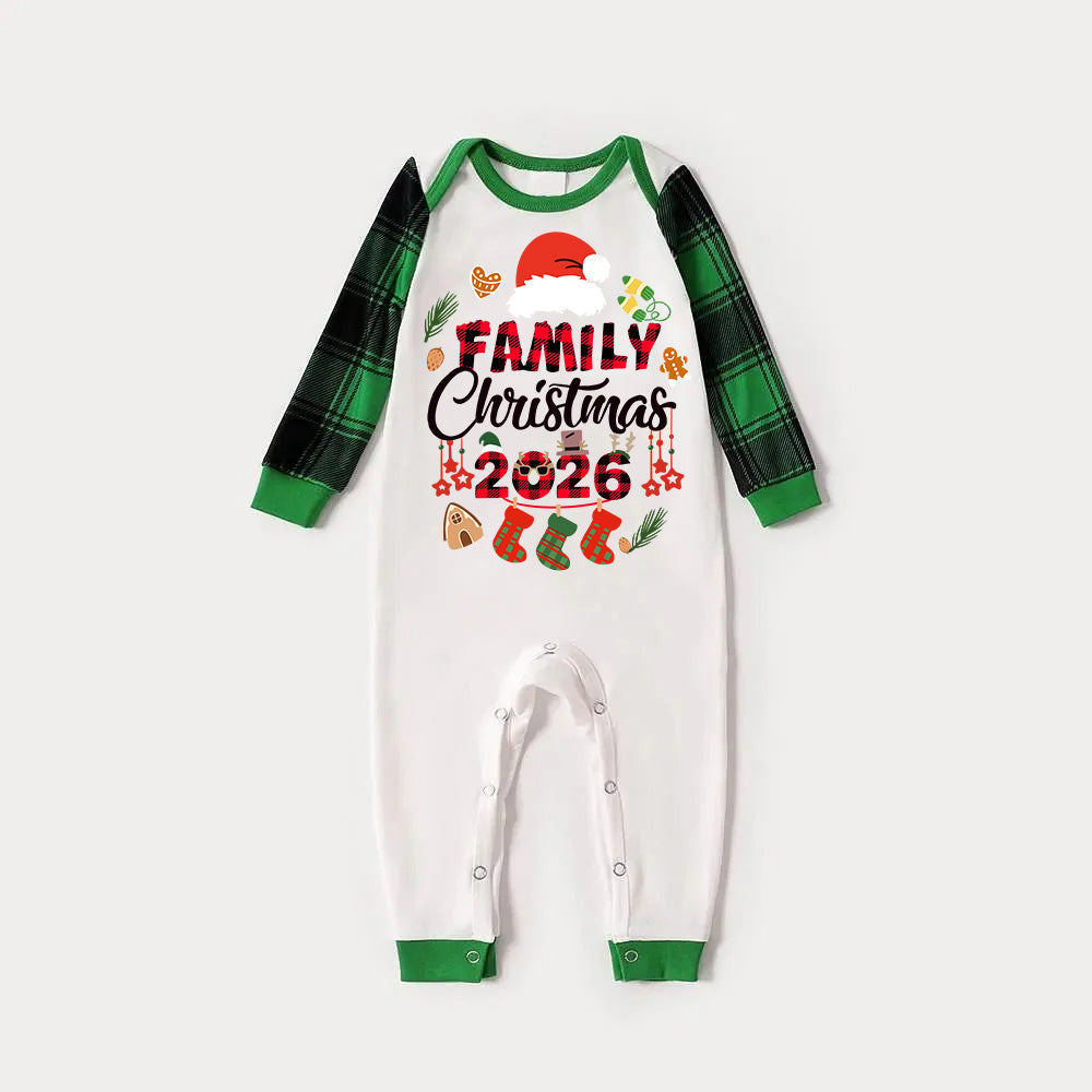 Family Christmas 2026 and Christmas Pattern Print Long Sleeve Top With Green & Black Plaid Matching Pajamas