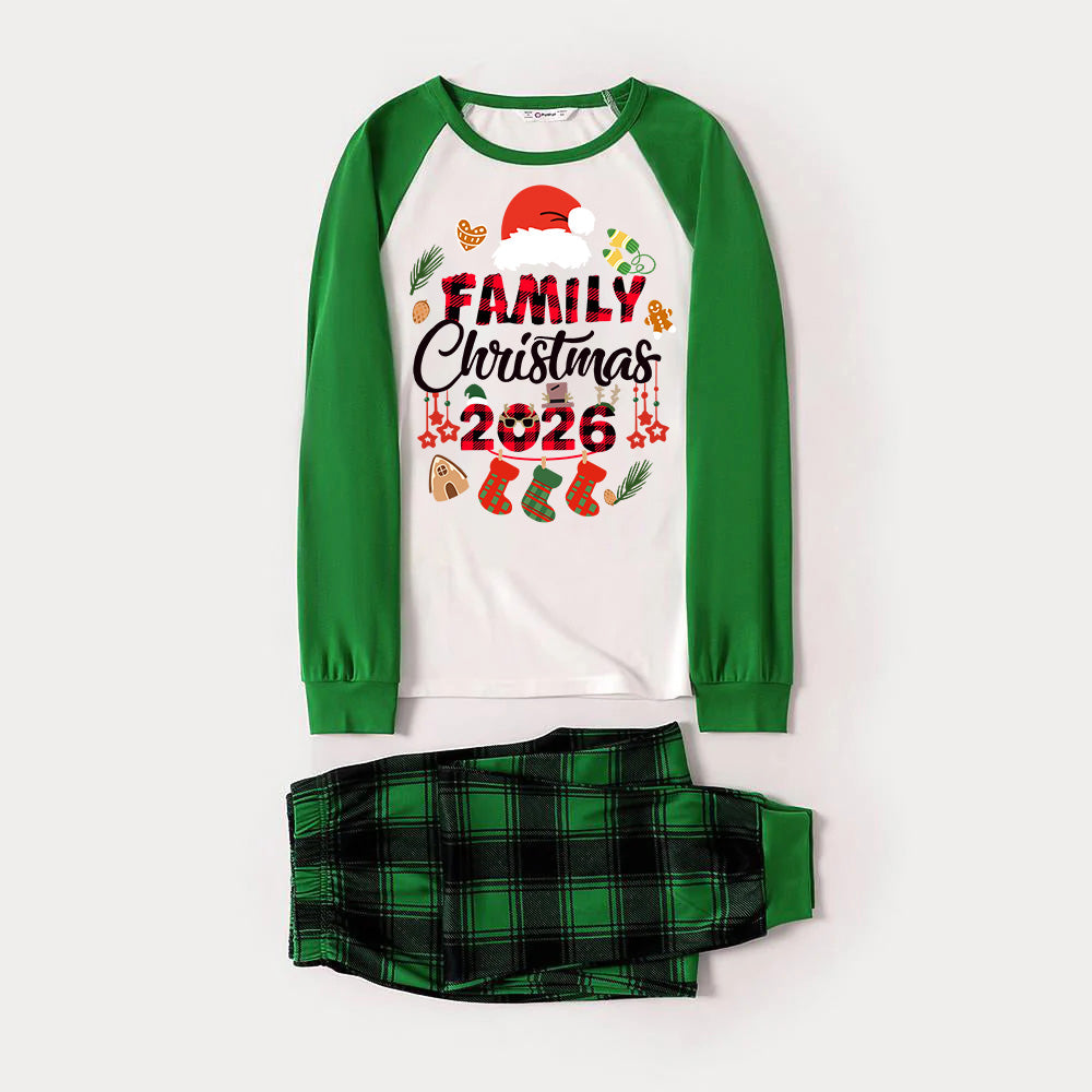 Family Christmas 2026 and Christmas Pattern Print Long Sleeve Top With Green & Black Plaid Matching Pajamas