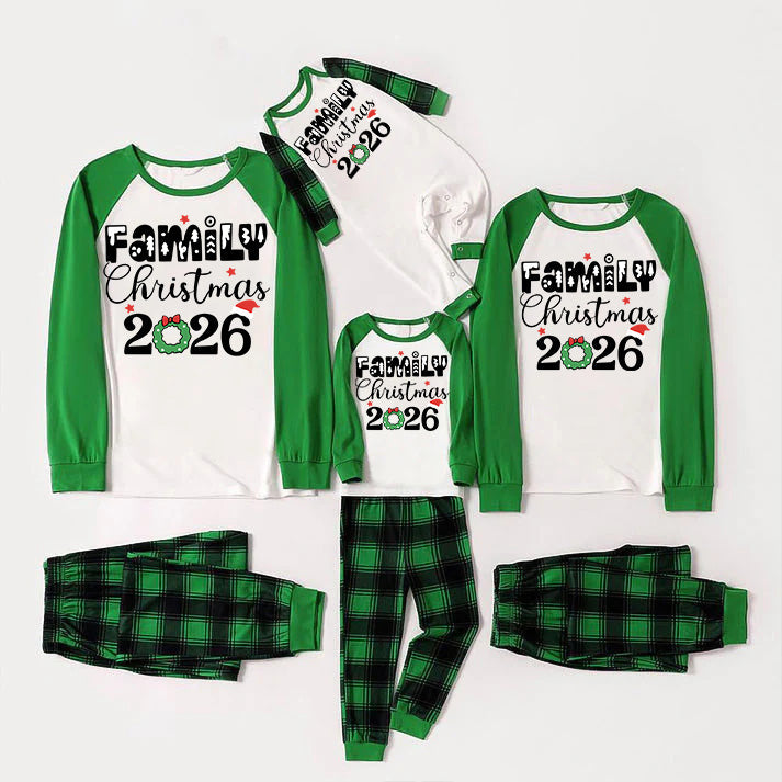 Family Christmas 2026 Print Long Sleeve Top With Green & Black Plaid Christmas Family Matching Pajamas