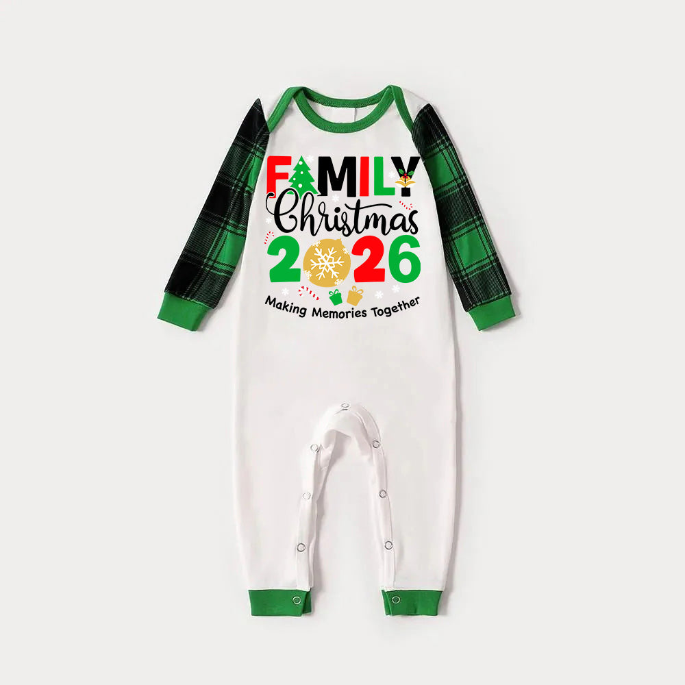 Family Memories Together Christmas 2026 Print Long Sleeve Top With Green & Black Plaid Christmas Family Matching Pajamas