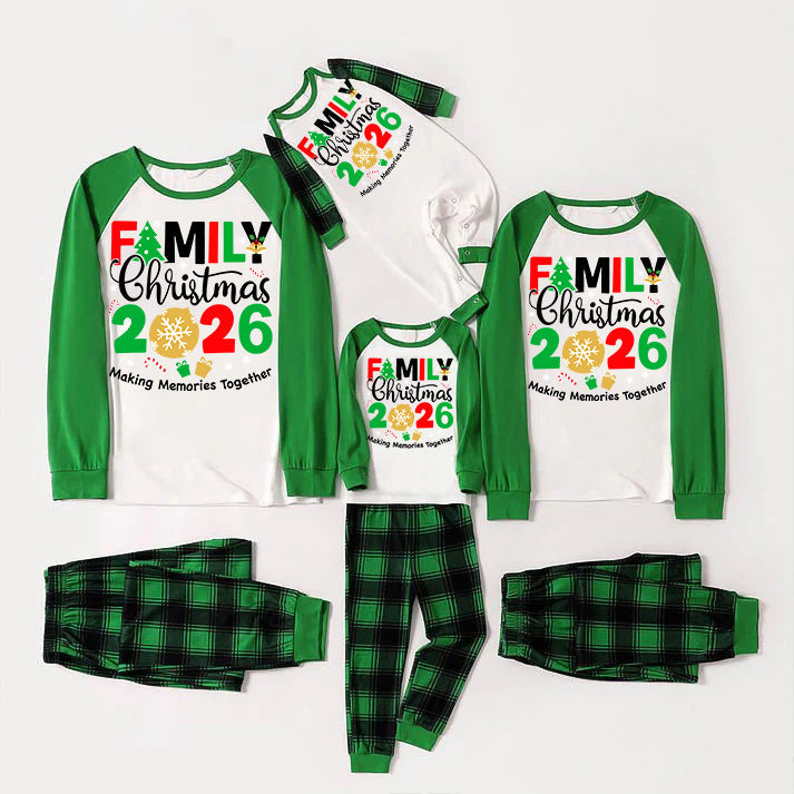 Family Memories Together Christmas 2026 Print Long Sleeve Top With Green & Black Plaid Christmas Family Matching Pajamas