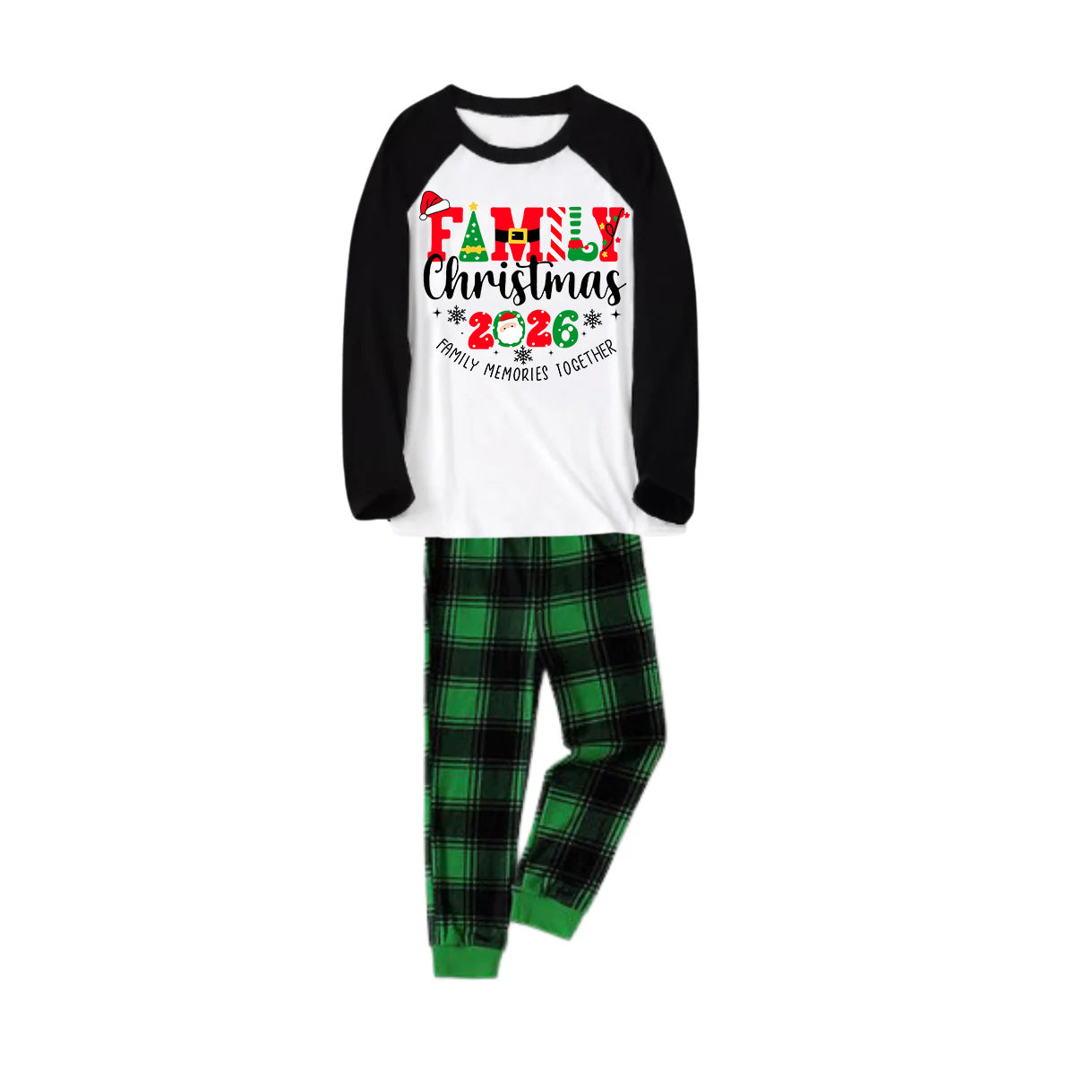 "Family Christmas 2026 Making Memories Together" Cute Christmas Elements Printed Green and Black Plaid Christmas Family Pajamas