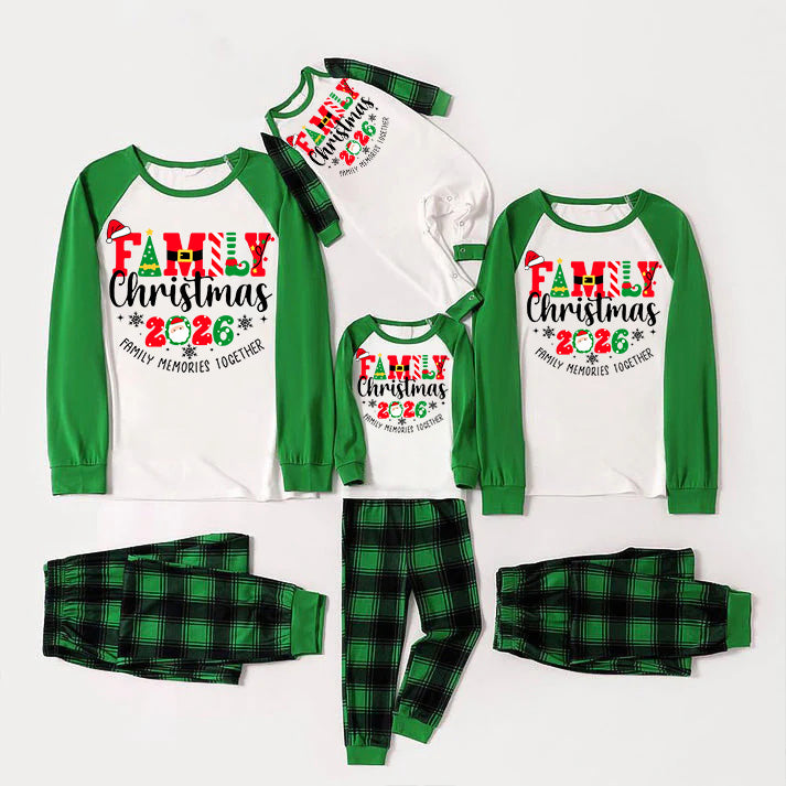 Family Christmas 2026 Family Memories Together Print Long Sleeve Top With Green & Black Plaid Christmas Family Matching Pajamas