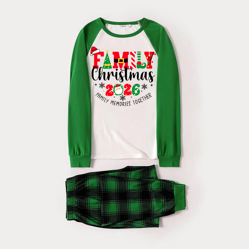 Family Christmas 2026 Family Memories Together Print Long Sleeve Top With Green & Black Plaid Christmas Family Matching Pajamas