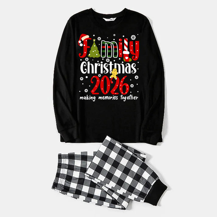 Cute "Family Christmas 2026" Text Print Black and White Plaid Family Matching Pajamas