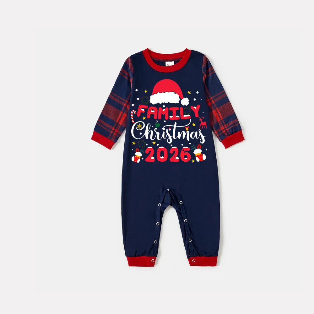 Cute "Family Christmas 2026" Pattern Printed Red and Blue Plaid Christmas Matching Pajamas