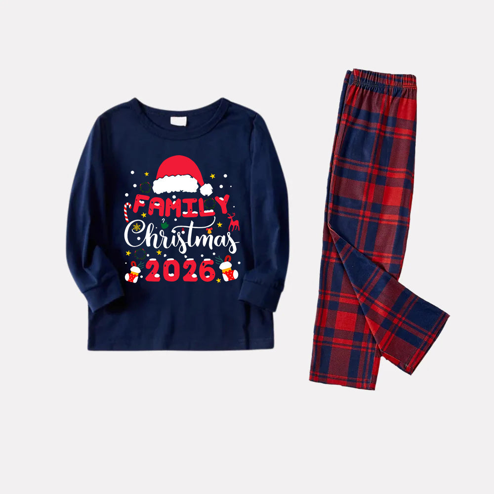 Cute "Family Christmas 2026" Pattern Printed Red and Blue Plaid Christmas Matching Pajamas