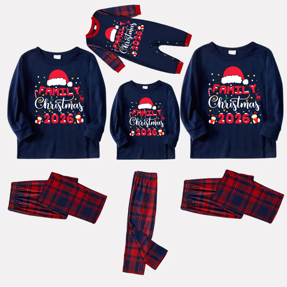 Cute "Family Christmas 2026" Pattern Printed Red and Blue Plaid Christmas Matching Pajamas